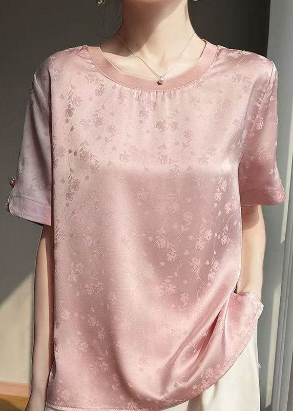 Jacquard Pink O Neck Side Open Silk T Shirt Summer