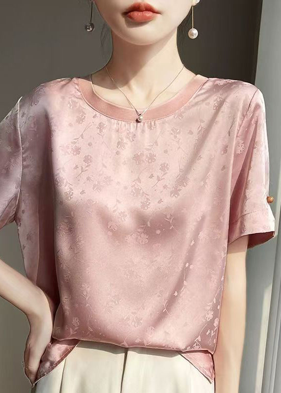 Jacquard Pink O Neck Side Open Silk T Shirt Summer