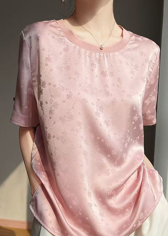 Jacquard Pink O Neck Side Open Silk T Shirt Summer
