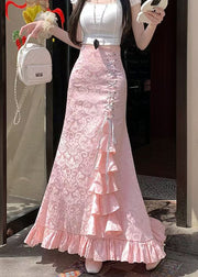 Jacquard Pink Ruffled High Waist Cotton Skirts Summer