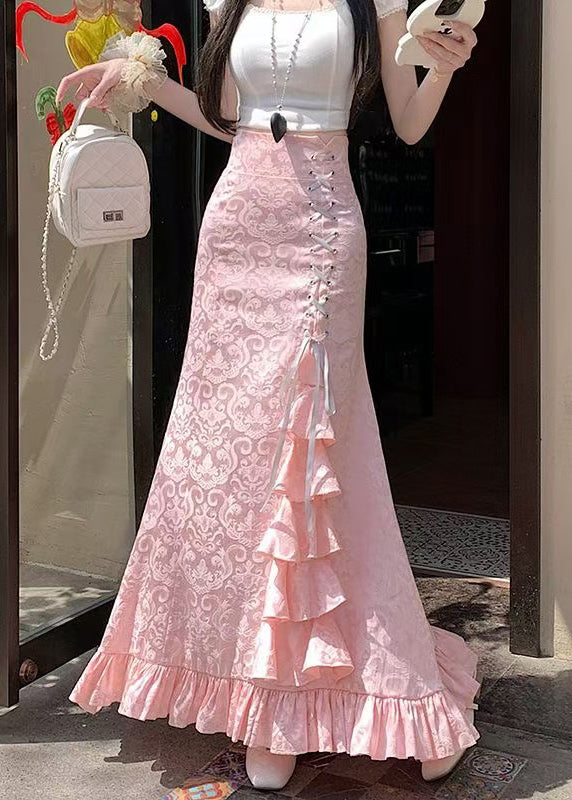 Jacquard Pink Ruffled High Waist Cotton Skirts Summer