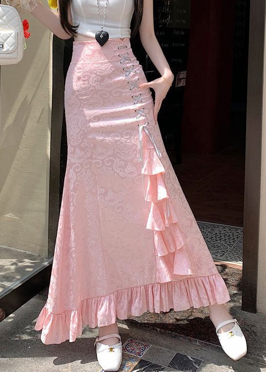 Jacquard Pink Ruffled High Waist Cotton Skirts Summer