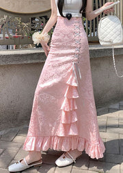 Jacquard Pink Ruffled High Waist Cotton Skirts Summer