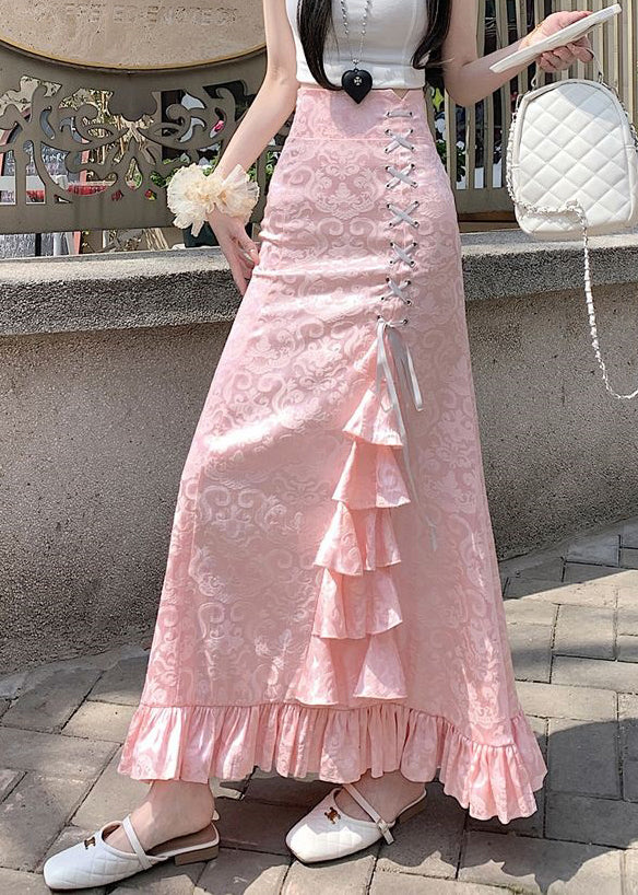 Jacquard Pink Ruffled High Waist Cotton Skirts Summer