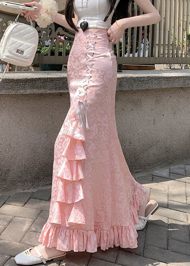 Jacquard Pink Ruffled High Waist Cotton Skirts Summer