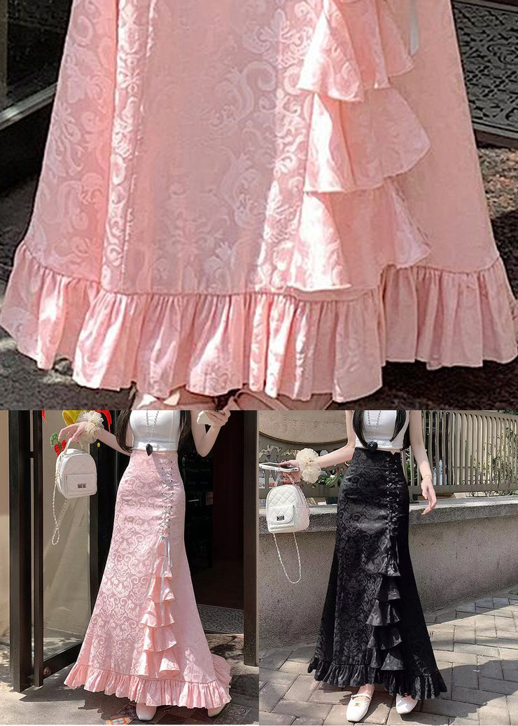 Jacquard Pink Ruffled High Waist Cotton Skirts Summer