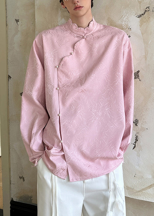 Jacquard Pink Stand Collar Pearl Button Cotton Mens Shirt Fall
