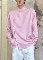 Jacquard Pink Stand Collar Pearl Button Cotton Mens Shirt Fall