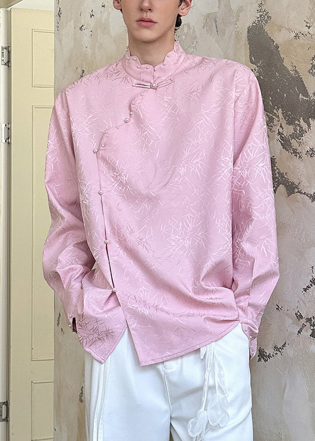 Jacquard Pink Stand Collar Pearl Button Cotton Mens Shirt Fall