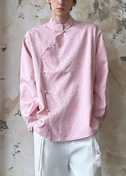 Jacquard Pink Stand Collar Pearl Button Cotton Mens Shirt Fall