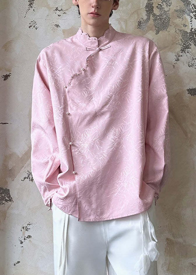 Jacquard Pink Stand Collar Pearl Button Cotton Mens Shirt Fall