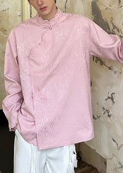 Jacquard Pink Stand Collar Pearl Button Cotton Mens Shirt Fall