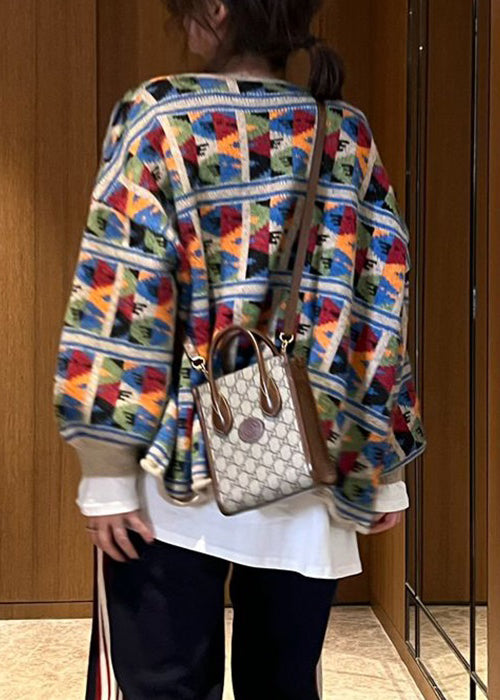 Jacquard Plaid Pockets Patchwork Knit Coat Fall