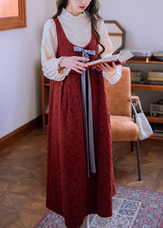 Jacquard Red Bow High Waist Cotton Long Dress Sleeveless