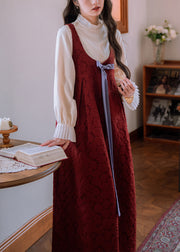 Jacquard Red Bow High Waist Cotton Long Dress Sleeveless