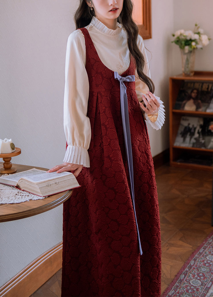 Jacquard Red Bow High Waist Cotton Long Dress Sleeveless