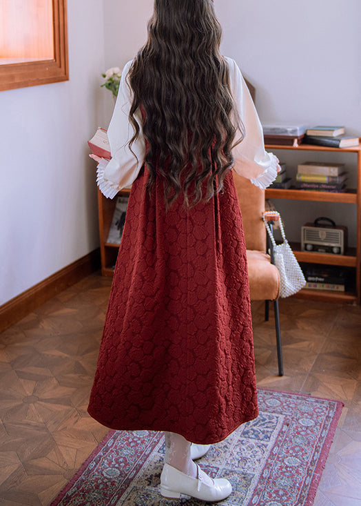 Jacquard Red Bow High Waist Cotton Long Dress Sleeveless