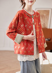 Jacquard Red O Neck Button Silk Coats Fall