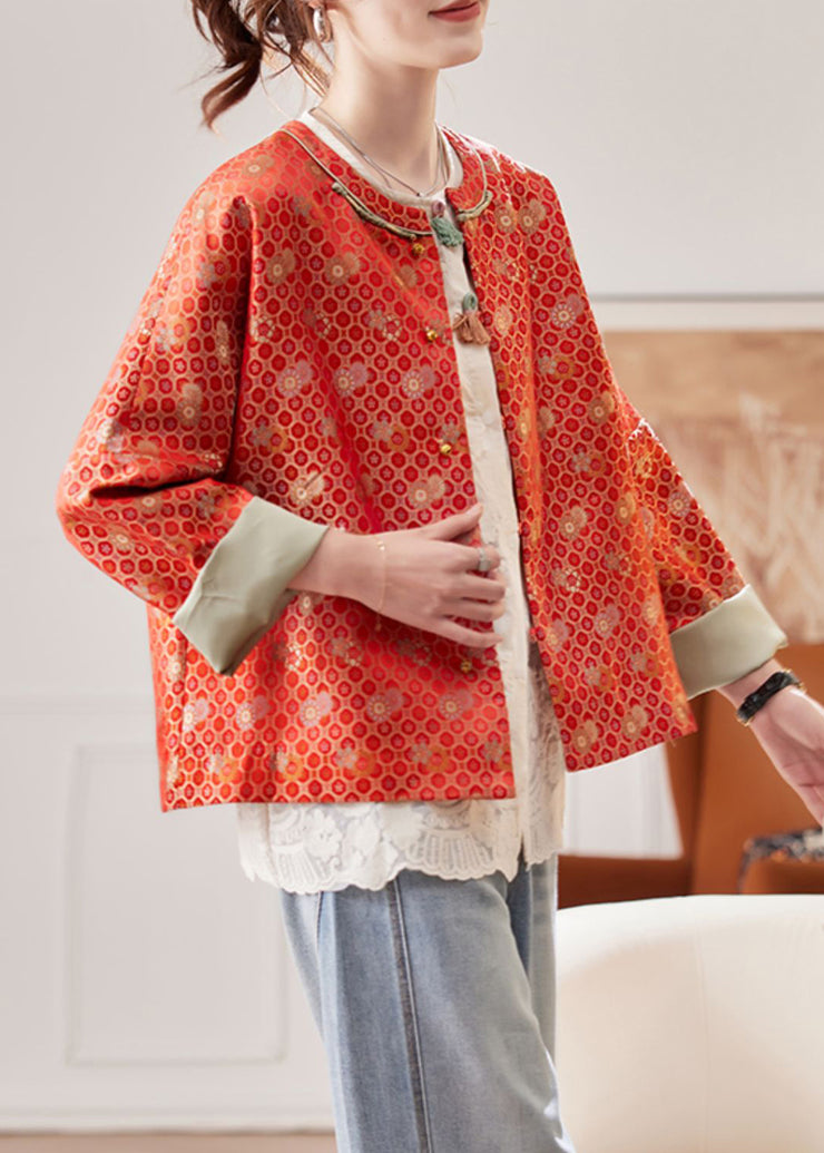 Jacquard Red O Neck Button Silk Coats Fall