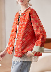 Jacquard Red O Neck Button Silk Coats Fall