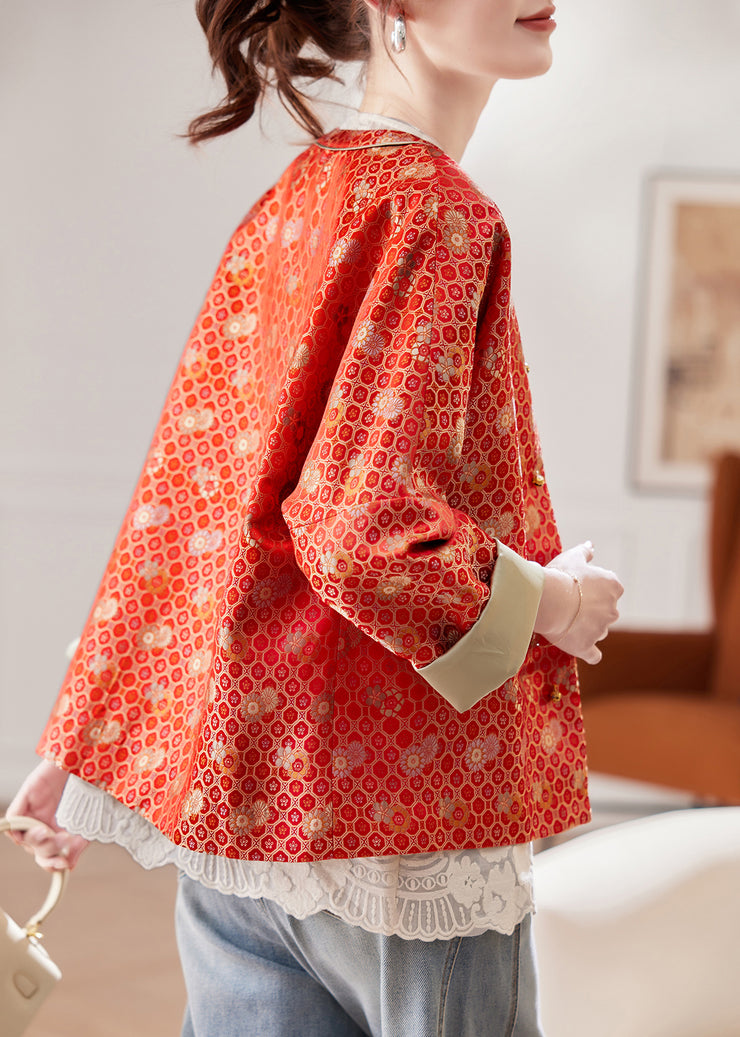 Jacquard Red O Neck Button Silk Coats Fall