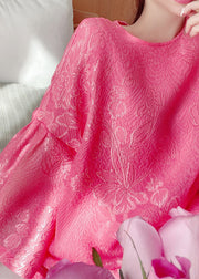 Jacquard Red O-Neck Silk Maxi Dress Flare Sleeve