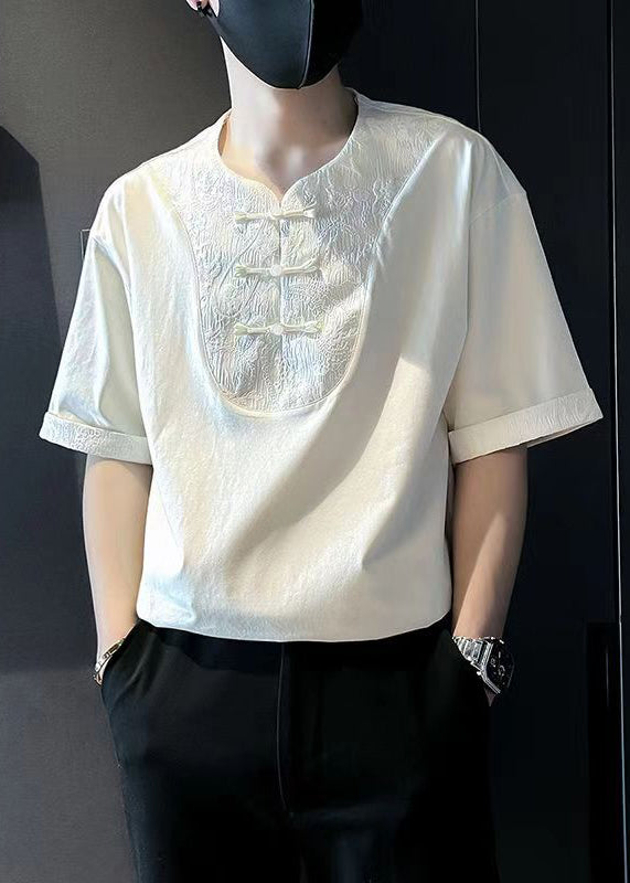 Jacquard White Button Patchwork Cotton Mens T Shirts Half Sleeve