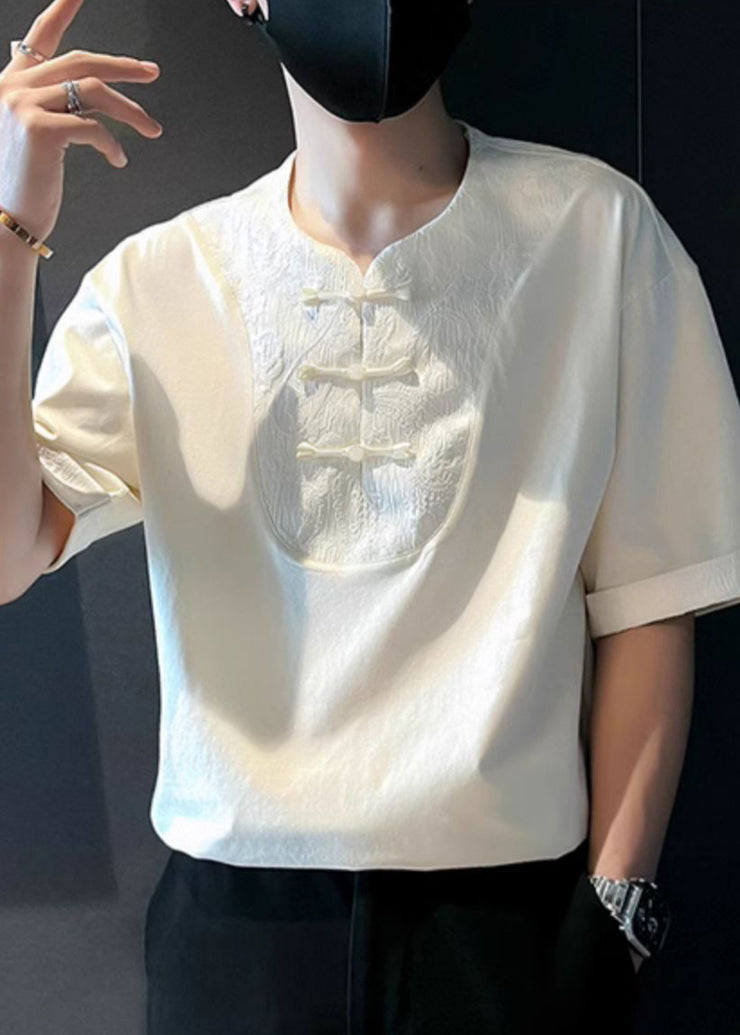 Jacquard White Button Patchwork Cotton Mens T Shirts Half Sleeve