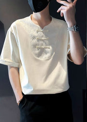Jacquard White Button Patchwork Cotton Mens T Shirts Half Sleeve