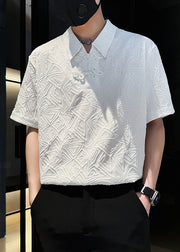 Jacquard White Chinese Button Solid Cotton Mens Polo Shirts Summer