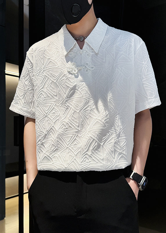 Jacquard White Chinese Button Solid Cotton Mens Polo Shirts Summer