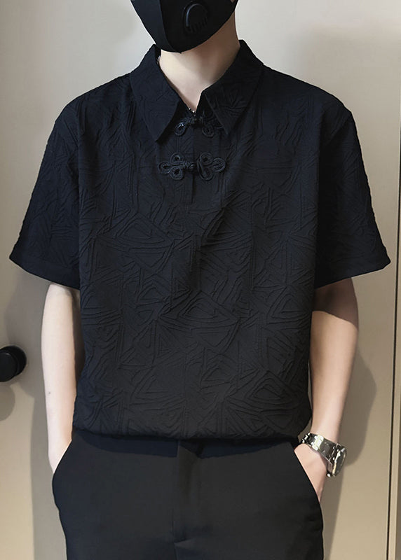 Jacquard White Chinese Button Solid Cotton Mens Polo Shirts Summer