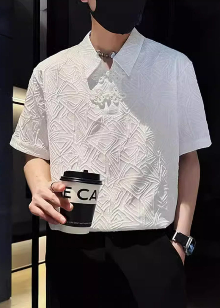 Jacquard White Chinese Button Solid Cotton Mens Polo Shirts Summer
