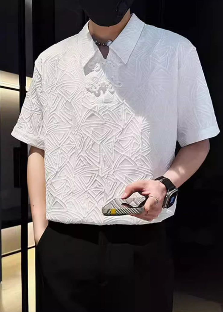 Jacquard White Chinese Button Solid Cotton Mens Polo Shirts Summer