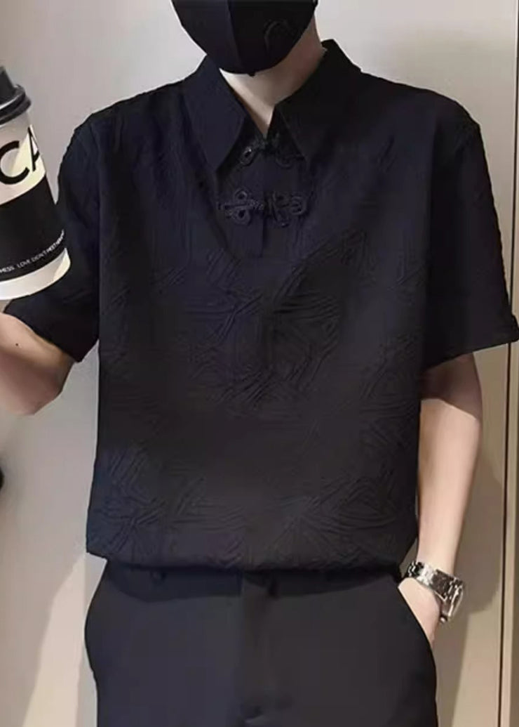 Jacquard White Chinese Button Solid Cotton Mens Polo Shirts Summer