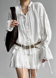 Jacquard White Lace Up Hollow Out Cotton Shirt Flare Sleeve