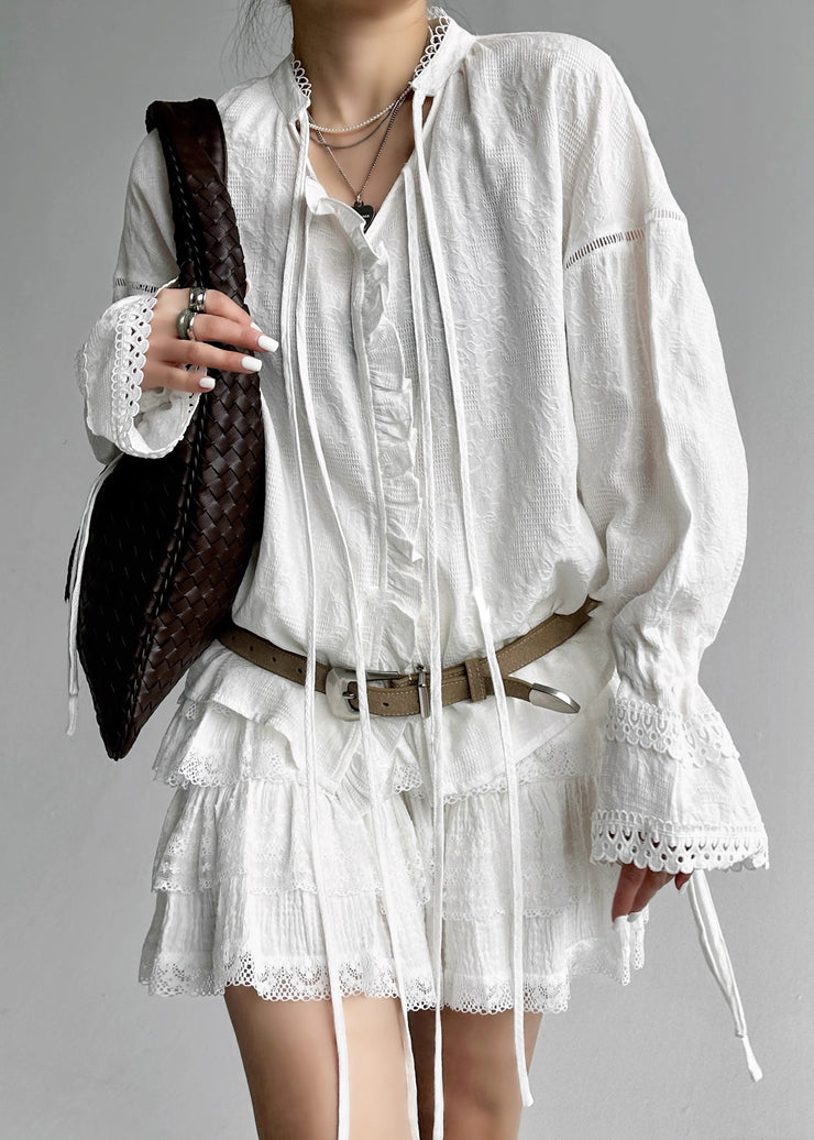Jacquard White Lace Up Hollow Out Cotton Shirt Flare Sleeve