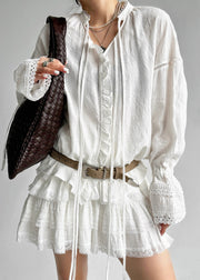 Jacquard White Lace Up Hollow Out Cotton Shirt Flare Sleeve