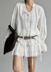Jacquard White Lace Up Hollow Out Cotton Shirt Flare Sleeve