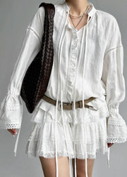 Jacquard White Lace Up Hollow Out Cotton Shirt Flare Sleeve