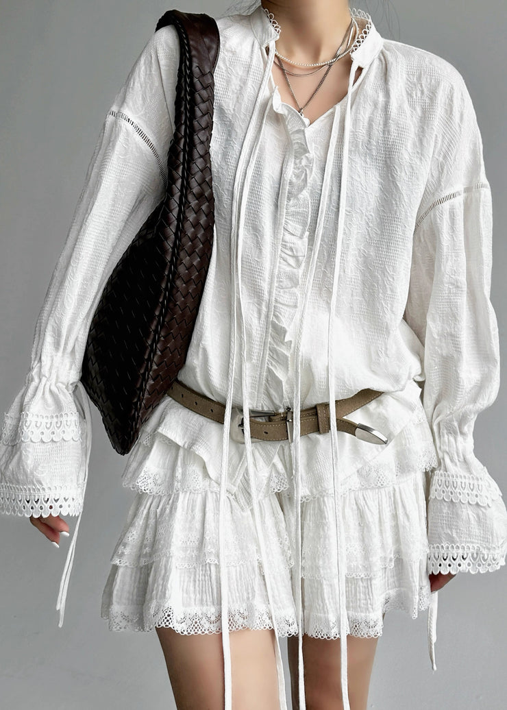 Jacquard White Lace Up Hollow Out Cotton Shirt Flare Sleeve