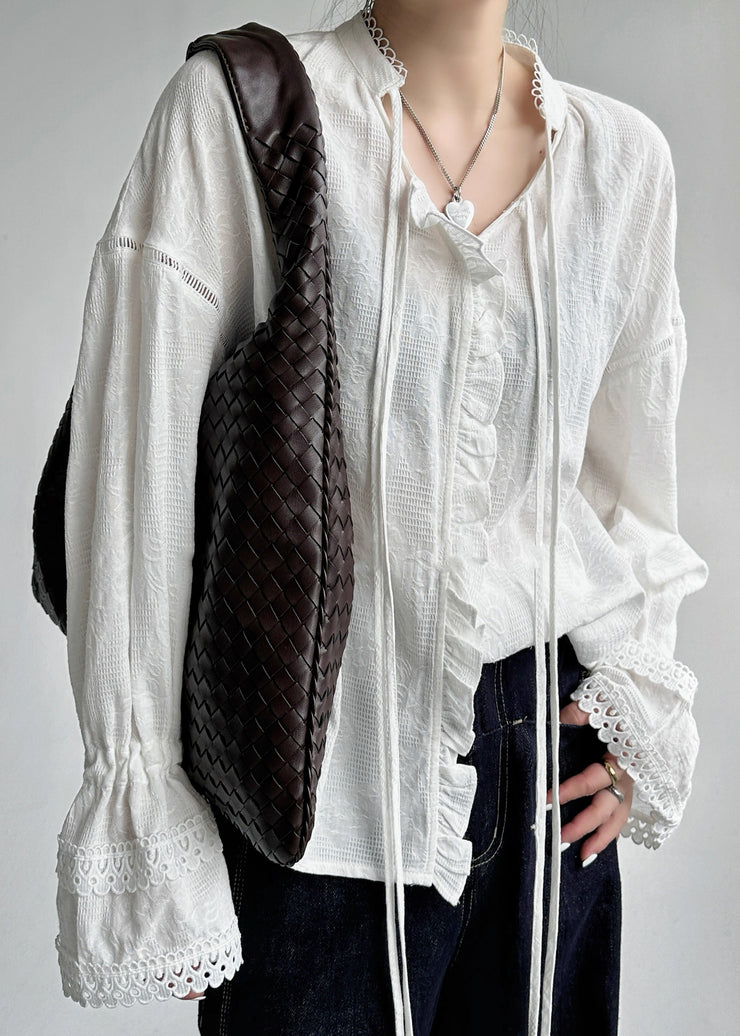 Jacquard White Lace Up Hollow Out Cotton Shirt Flare Sleeve