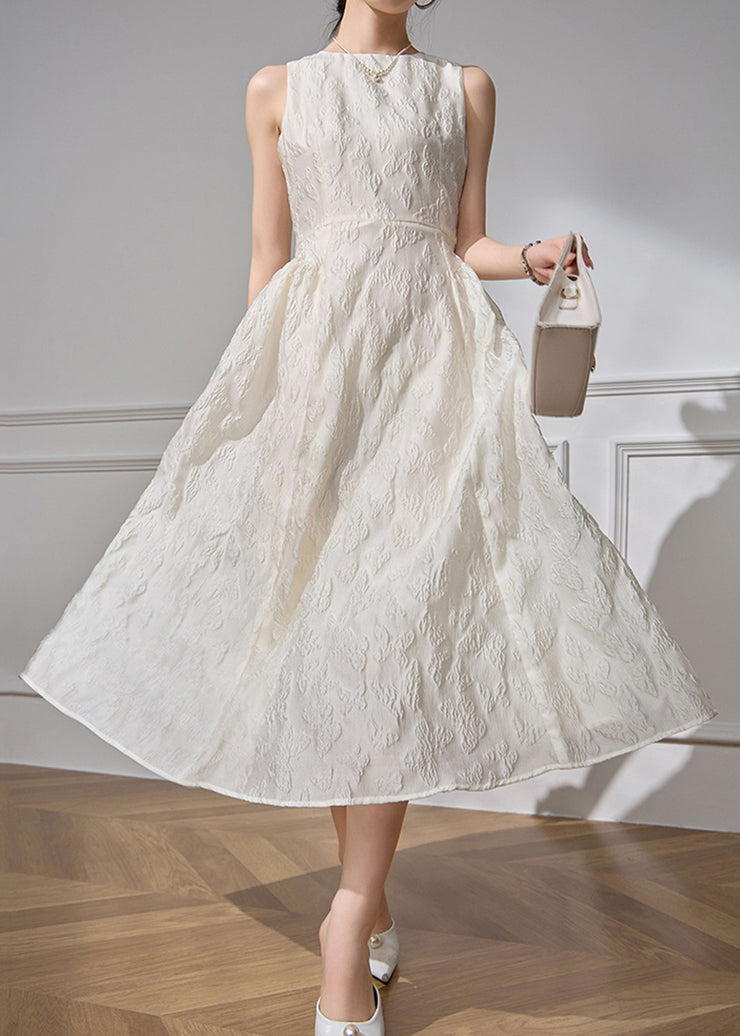 Jacquard White O-Neck High Waist Cotton Long Dresses Sleeveless