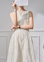 Jacquard White O-Neck High Waist Cotton Long Dresses Sleeveless