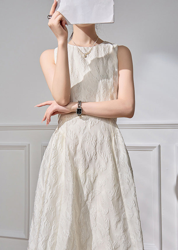 Jacquard White O-Neck High Waist Cotton Long Dresses Sleeveless