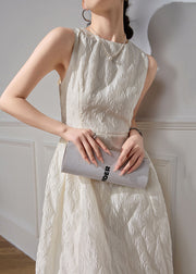 Jacquard White O-Neck High Waist Cotton Long Dresses Sleeveless