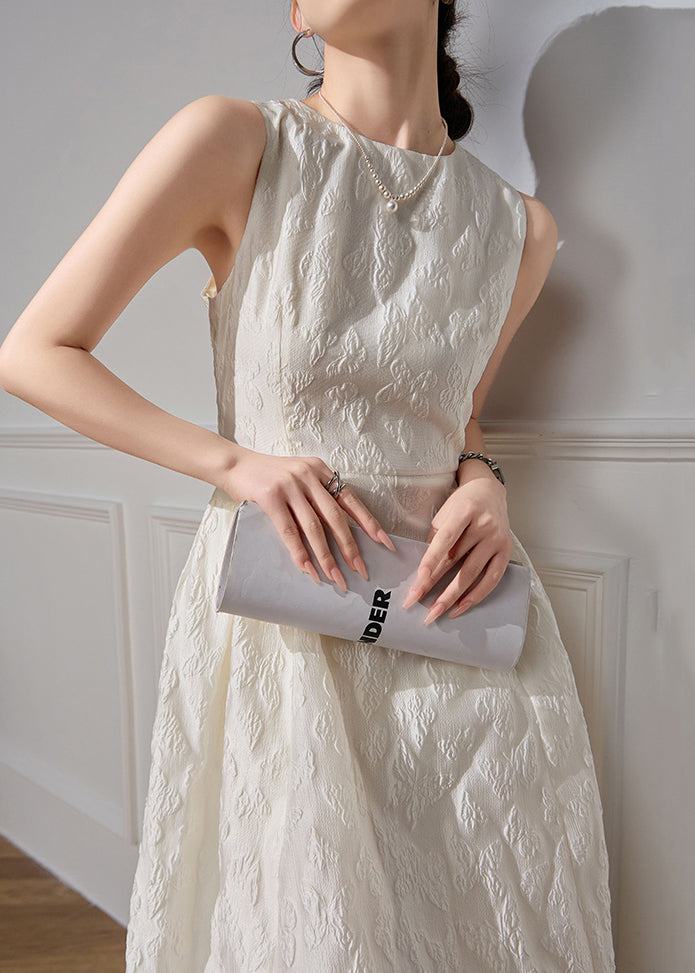 Jacquard White O-Neck High Waist Cotton Long Dresses Sleeveless