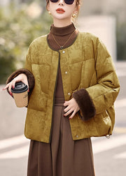 Jacquard Yellow Button Pockets Drawstring Down Coat