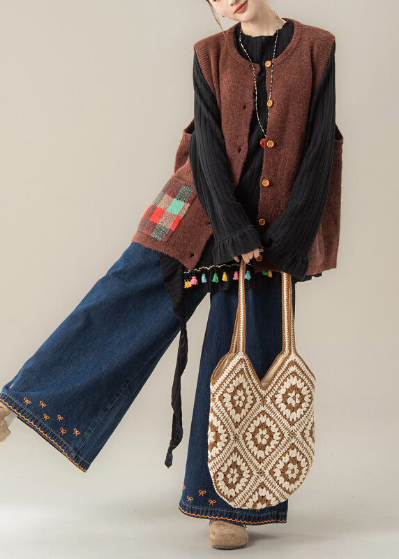 Japanese Style Coffee Knitted Vest T Shirt And Pants Three Piece Set Autumn