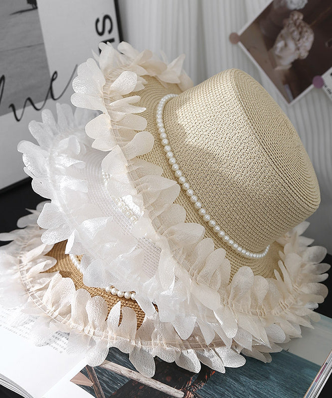 Japanese Style Elegant Beige Pearl Lace Petal Straw Hat